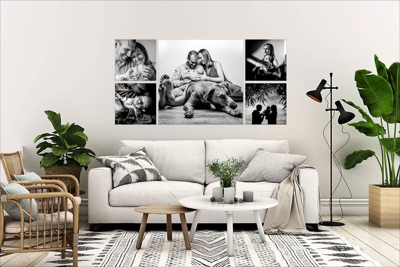 five piece black and white wall art of family photo session displayed above living room couch